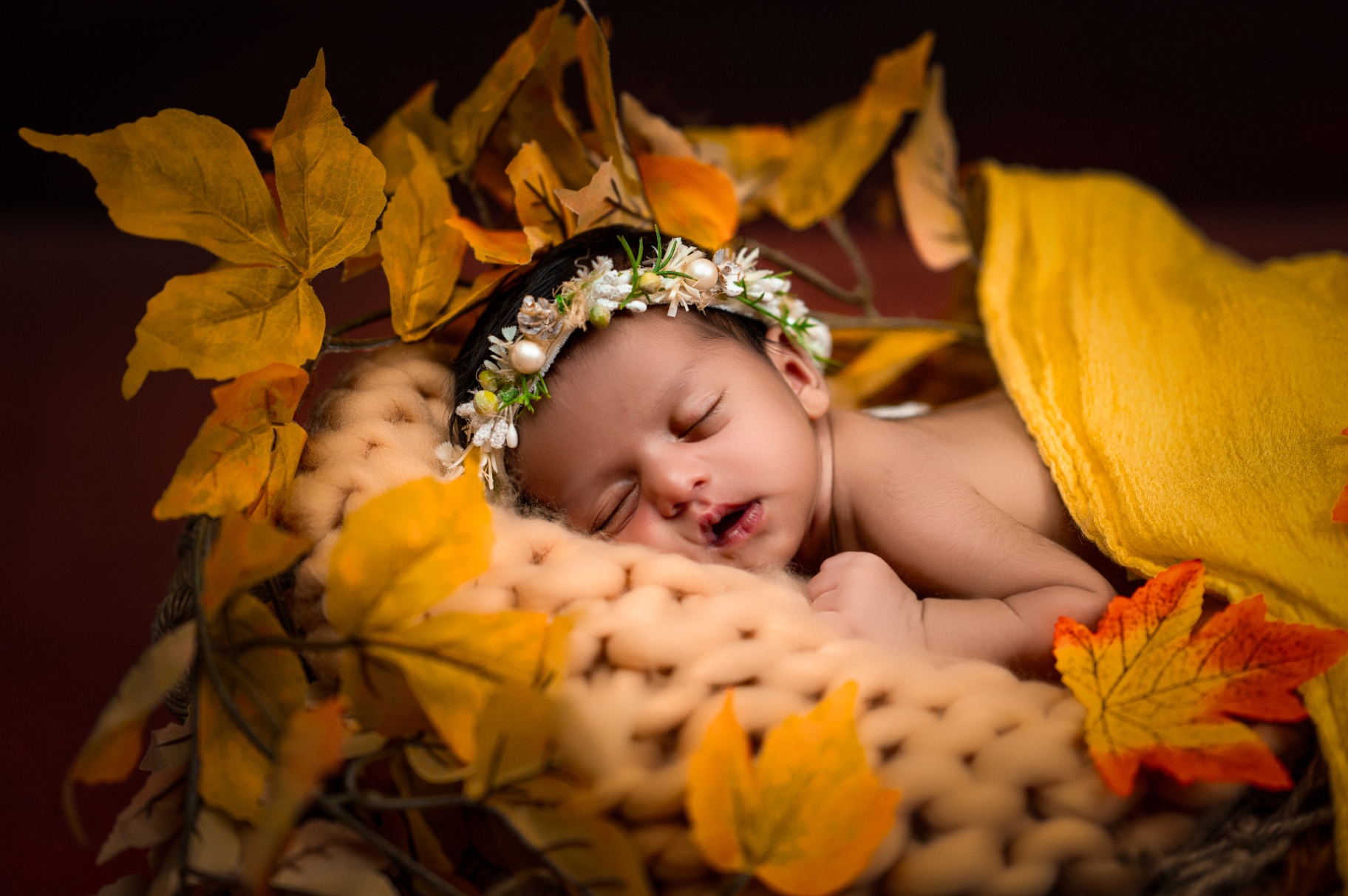 Sleeping newborn posed among autumn leaves and warm blankets